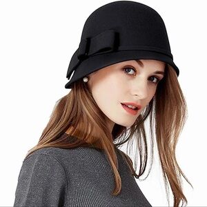 Women Black Wool Felt Winter Hat Women Cloche Bucket Bowler Hats
With Bowknot